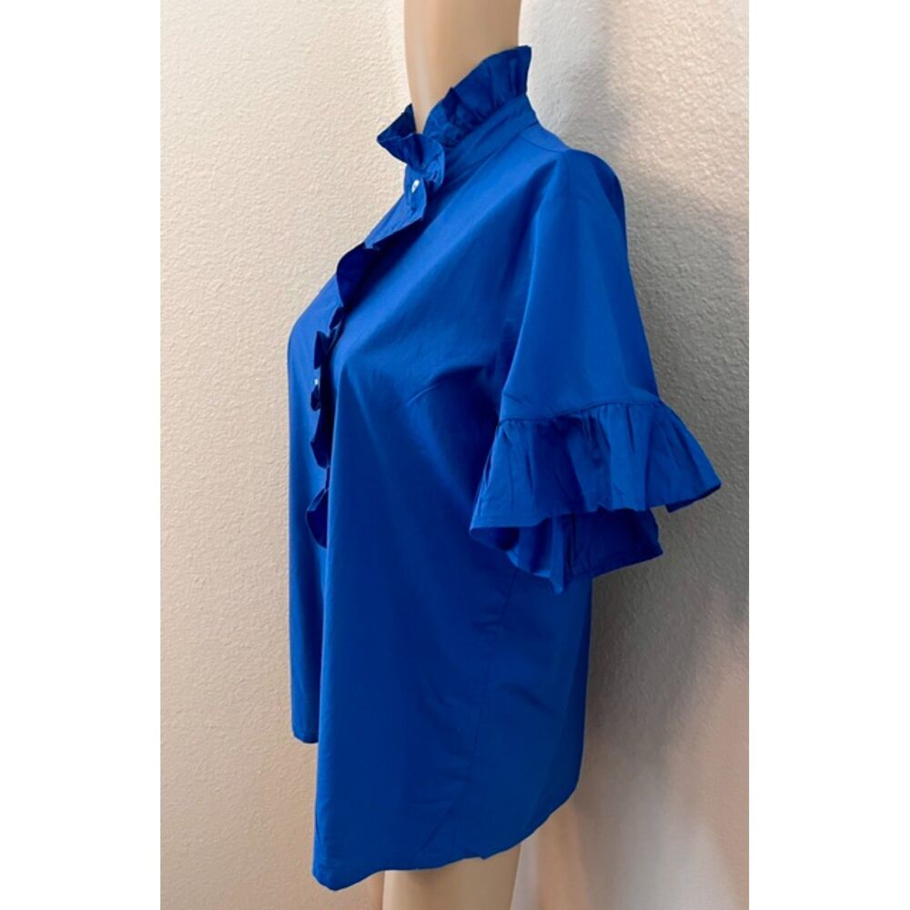 SZ L MILLE Vanessa Top w Button Front and Ruffle Accents in AZUR Color - Picture 5 of 8